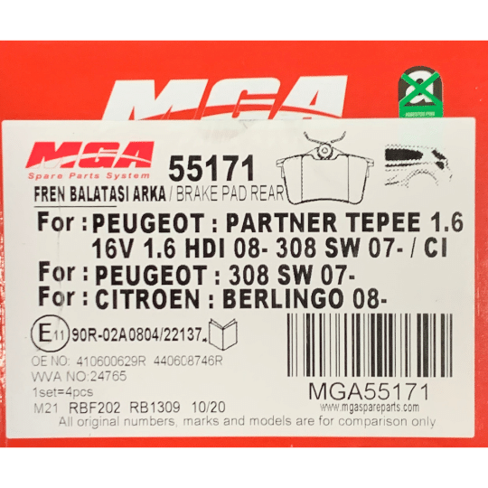 MGA-55171 Arka Fren Balatası 410600629R 440608746R WVA No 24765 Peugeot Partner Peugeot 308 SW Citroen Berlingo